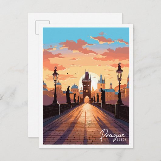 プラハチェコヴィンテージ旅行イラストレーション ポストカード (正面/裏面)