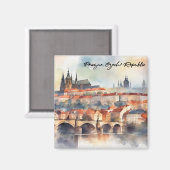 プラハチェコ共和国ウォーターカラーパノラマビュー マグネット (正面/裏面)