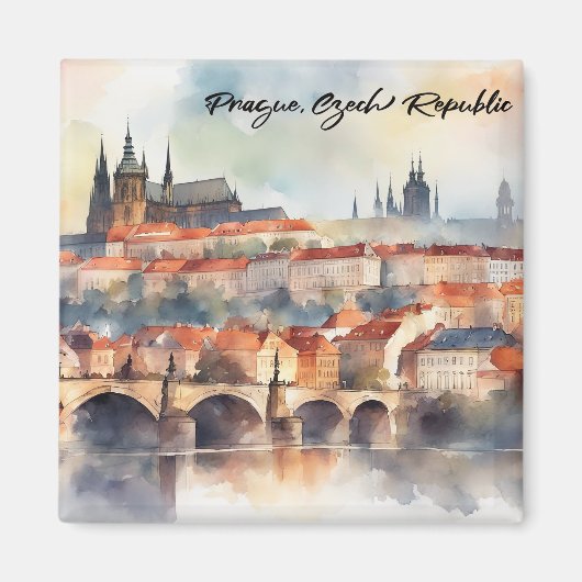 プラハチェコ共和国ウォーターカラーパノラマビュー マグネット (正面)