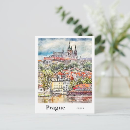 プラハチェコ旅行水の色のスケッチ手描き ポストカード (スタンド正面)