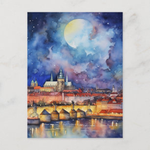 プラハ城 チャールズ橋 夜 水彩画 ポストカード