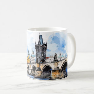 プラハ：チャールズ橋の水彩画 コーヒーマグカップ