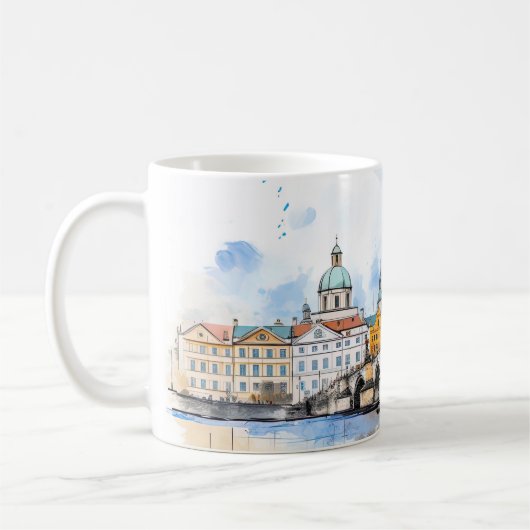 プラハ：チャールズ橋の水彩画 コーヒーマグカップ (左)