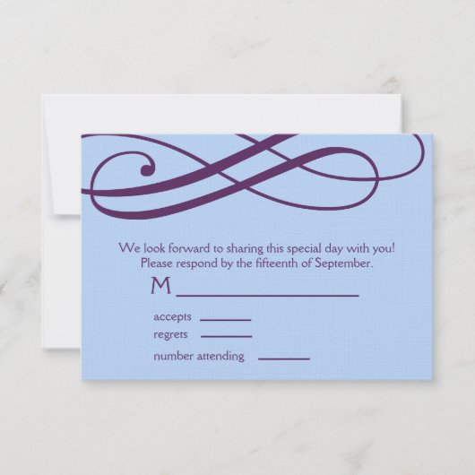 プラムおよび淡いブルーの渦巻の応答カード 出欠カード (正面)