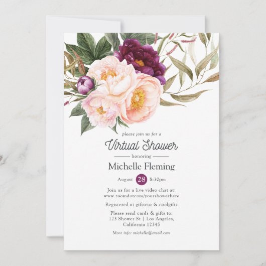 プラムおよび赤面フローラ仮想ベビーまたはブライダルシャワー 招待状 (正面)