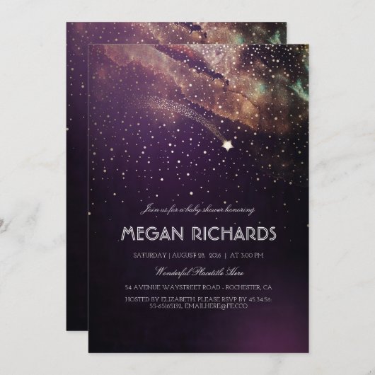 プラムおよび金ゴールドの流星の星明かりのベビーシャワー 招待状 (正面/裏面)