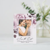 プラムかわいらしブーケとフレームの日付を保存 インビテーションポストカード (スタンド正面)