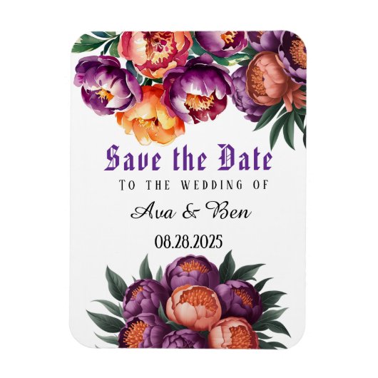 プラムとオレンジのペオニーのSave the Date マグネット (縦)