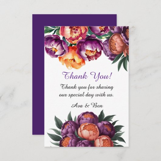 プラムとオレンジ絵を描の牡丹結婚の サンキューカード (正面/裏面)