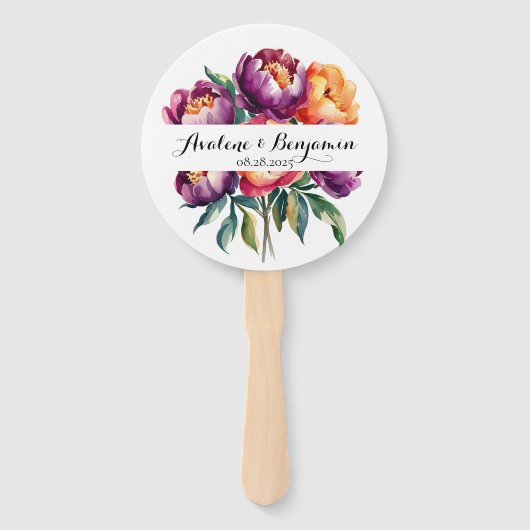 プラムとオレンジ色の牡丹の花束結婚の ハンドファン (正面)