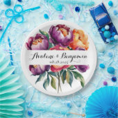 プラムとオレンジ色の牡丹の花束結婚の ペーパープレート (パーティー)