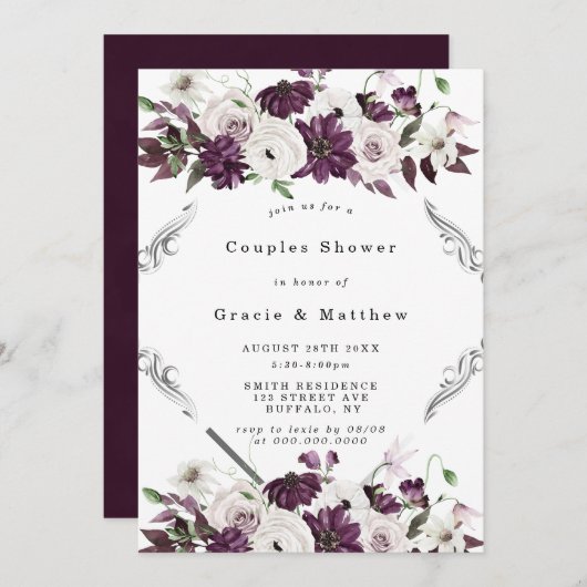 プラムとシルバーの幾何学的カップルのシャワー招待状 (正面/裏面)