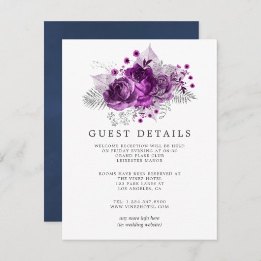 プラムとネイビーのウォーター結婚カラーズゲスト詳細 エンクロージャーカード (正面/裏面)