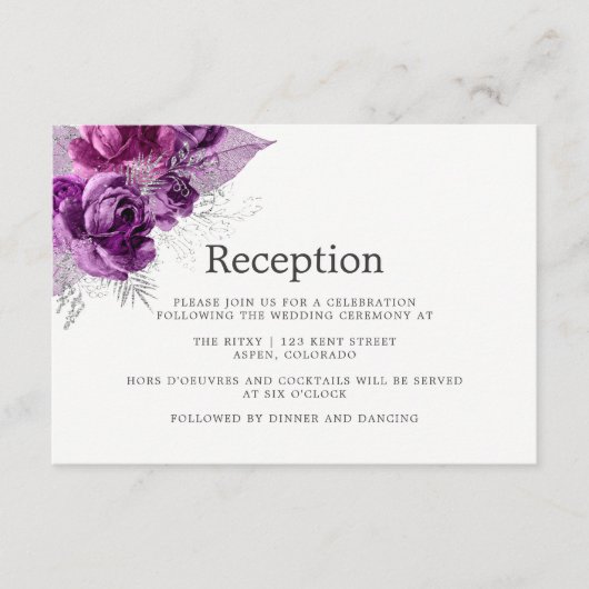 プラムとネイビーの水彩花イラストの結婚式の披露宴 エンクロージャーカード (正面)