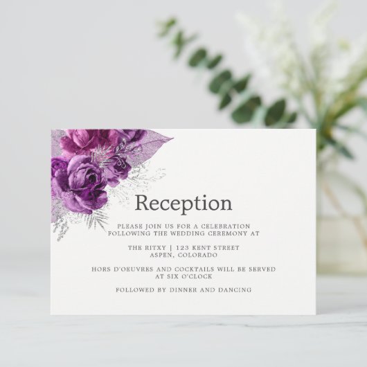 プラムとネイビーの水彩花イラストの結婚式の披露宴 エンクロージャーカード (スタンド正面)