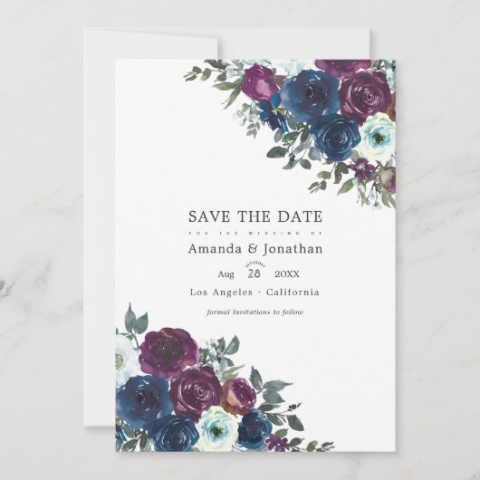 プラムとネイビーの花の結婚式写真 セーブザデート (正面)