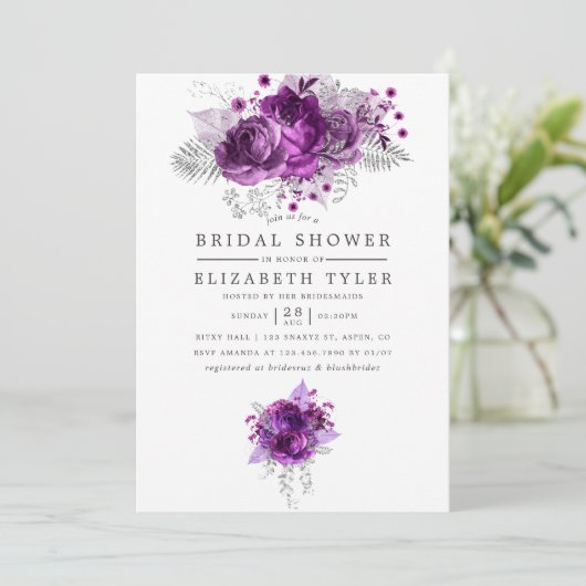 プラムとネイビー水色フローラブライダルシャワー 招待状 (スタンド正面)