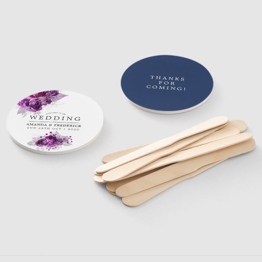 プラムとネイビー水色フローラ結婚式の引き出物 ハンドファン (組立なし)