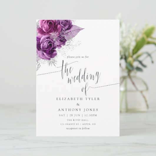 プラムとネイビー水色フローラ結婚式招待状 招待状 (スタンド正面)