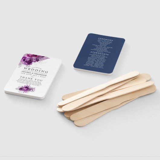 プラムとネイビー水色フローラ結婚式 プログラム ハンドファン (組立なし)