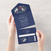 プラムとネイビー結婚ブルーのフローラ オールインワン招待状 (貼ってはがせる)
