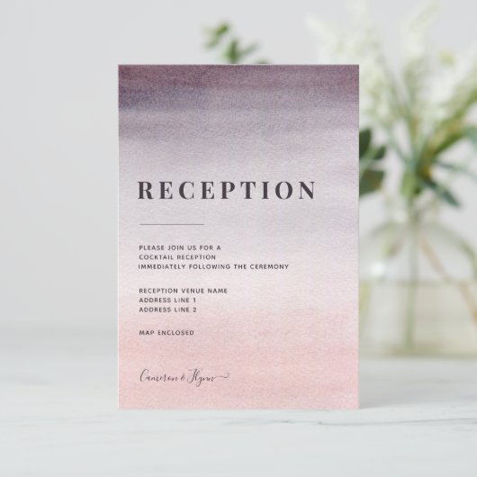 プラムとピンクのグラデーション水彩結婚式レセプション エンクロージャーカード (スタンド正面)