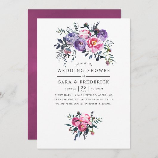プラムとピンクの水の色のフローラウェディングシャワー 招待状 (正面/裏面)