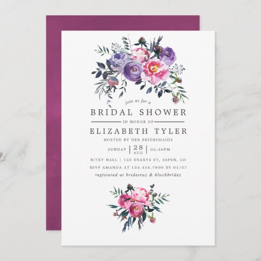 プラムとピンクの水の色のフローラブライダルシャワー 招待状 (正面/裏面)