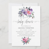 プラムとピンクの水の色のフローラ赤ちゃんシャワー 招待状 (正面)