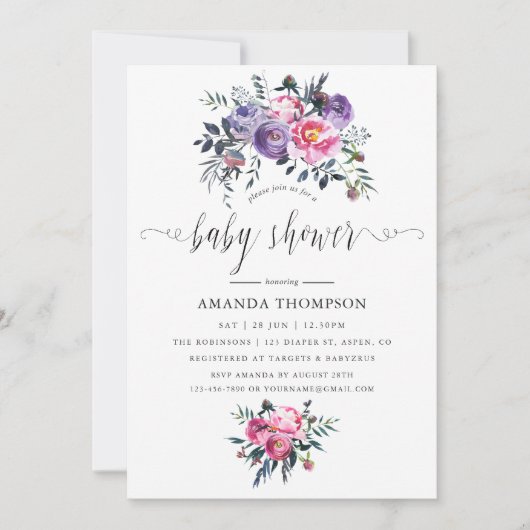 プラムとピンクの水の色のフローラ赤ちゃんシャワー 招待状 (正面)