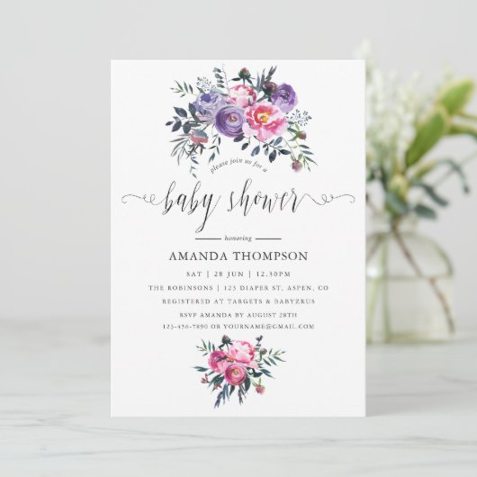 プラムとピンクの水の色のフローラ赤ちゃんシャワー 招待状 (スタンド正面)
