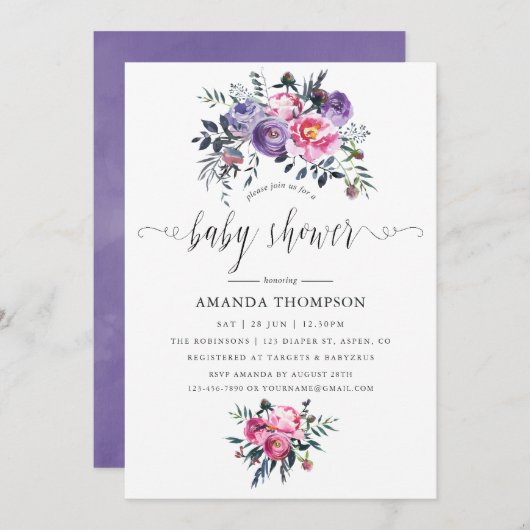 プラムとピンクの水の色のフローラ赤ちゃんシャワー 招待状 (正面/裏面)