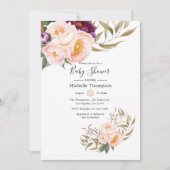 プラムとブラッシュ フローラル ベビー シャワー 招待状 (正面)