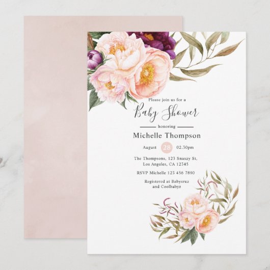 プラムとブラッシュ フローラル ベビー シャワー 招待状 (正面/裏面)