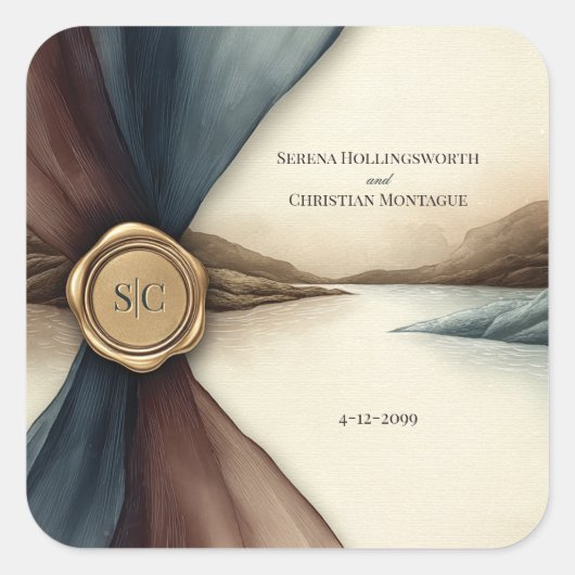 プラムとブルーのオンブルシール ウェディングウォーターカラー スクエアシール (正面)