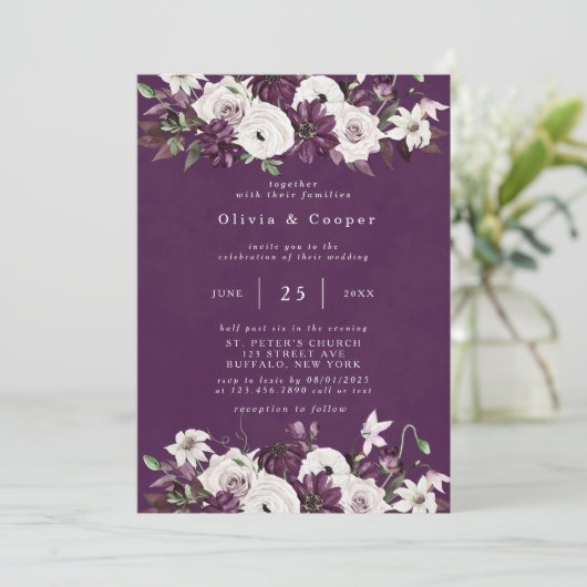 プラムとホワイトウォーター色のフローラエレガントな結婚式 招待状 (スタンド正面)