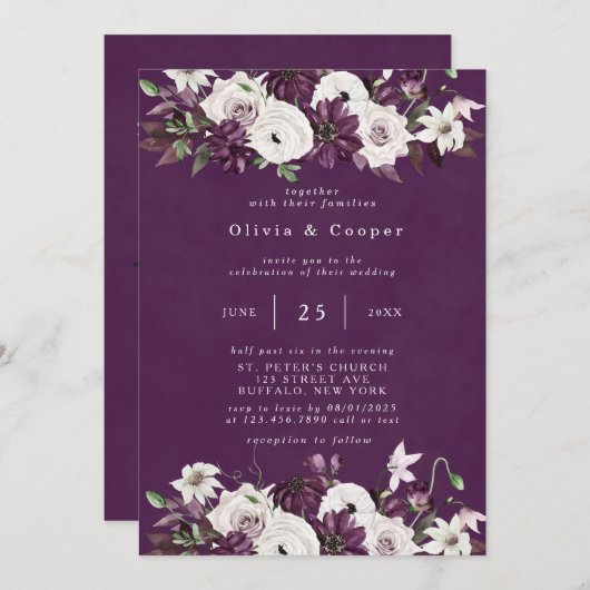 プラムとホワイトウォーター色のフローラエレガントな結婚式 招待状 (正面/裏面)