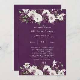 プラムとホワイトウォーター色のフローラエレガントな結婚式 招待状