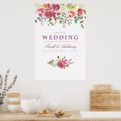 プラムと桃の水彩フローラ結婚の歓迎 ポスター (キッチン)