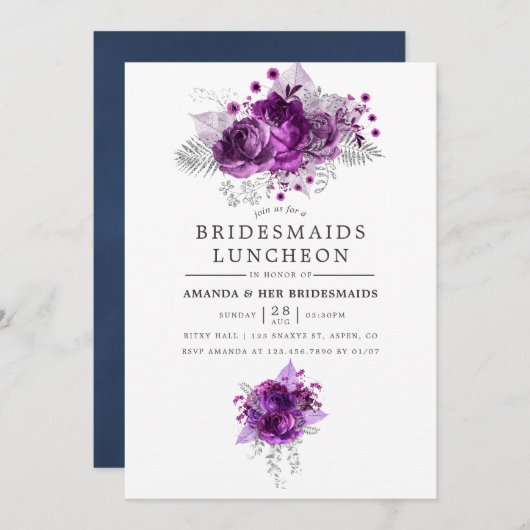 プラムと海軍の水の色のブリデスメイド昼食会 招待状 (正面/裏面)