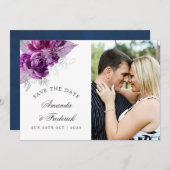 プラムと海軍の水彩結婚式の日付を保存 セーブザデート (正面/裏面)