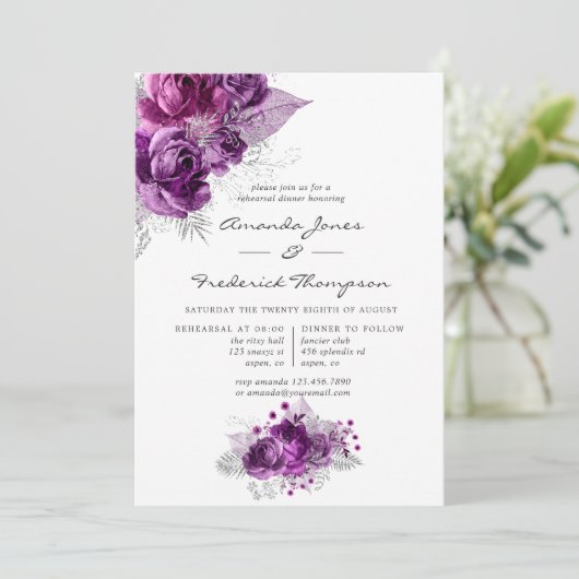 プラムと海軍の水色のフローラリハーサルディナー 招待状 (スタンド正面)