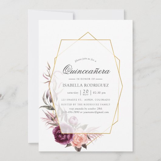 プラムと赤面フローラ幾何学模様キンセニェラ 招待状 (正面)