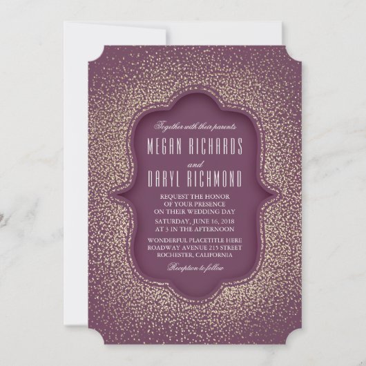 プラムと金ゴールドグリッターヴィンテージウェディング 招待状 (正面)