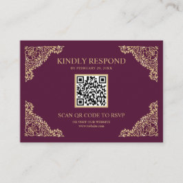 プラムと金ゴールドフレームQRコードRSVPの結婚ウェブサイト エンクロージャーカード