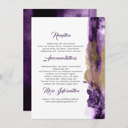 プラムと金ゴールドフローラ結婚ズ情報ゲスト エンクロージャーカード (正面/裏面)