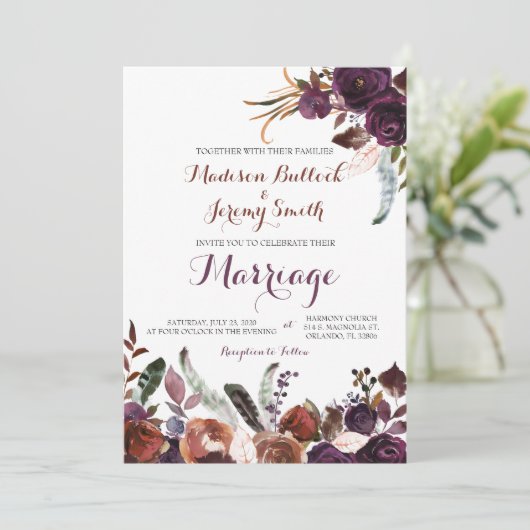 プラムと銅の水の色のフローラ結婚式の招待 招待状 (スタンド正面)