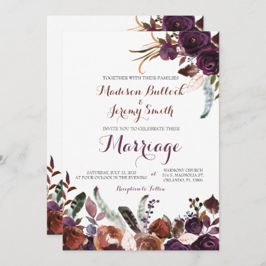 プラムと銅の水の色のフローラ結婚式の招待 招待状 (正面/裏面)