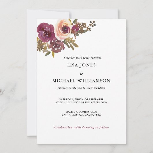 プラムと黄色のローズウォーターの色の結婚式招待状 招待状 (正面)