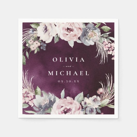 プラムの水色&ほこりっぽいピンクのフローラボホ結婚ズ スタンダードカクテルナプキン (正面)